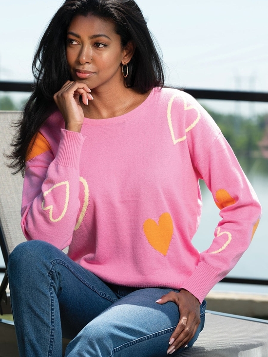 Alison Sheri Sweaters - Women’s Pink Heart-Print Crewneck Sweater
